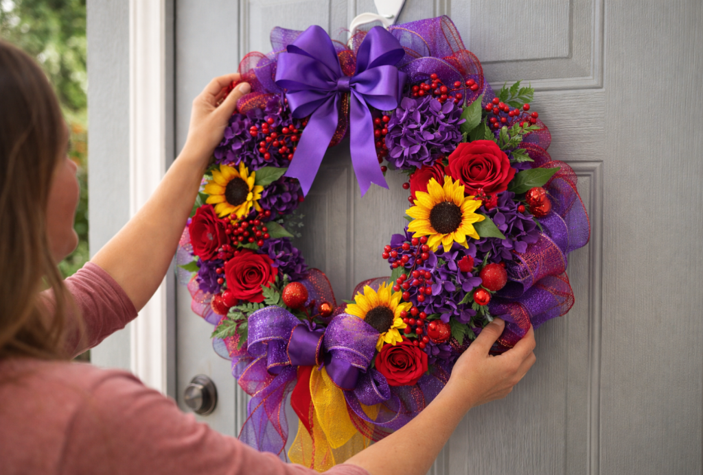 Woman hanging a colorful deco mesh wreath with purple, red and yellow florals on a gray door using an over-the-door hook.